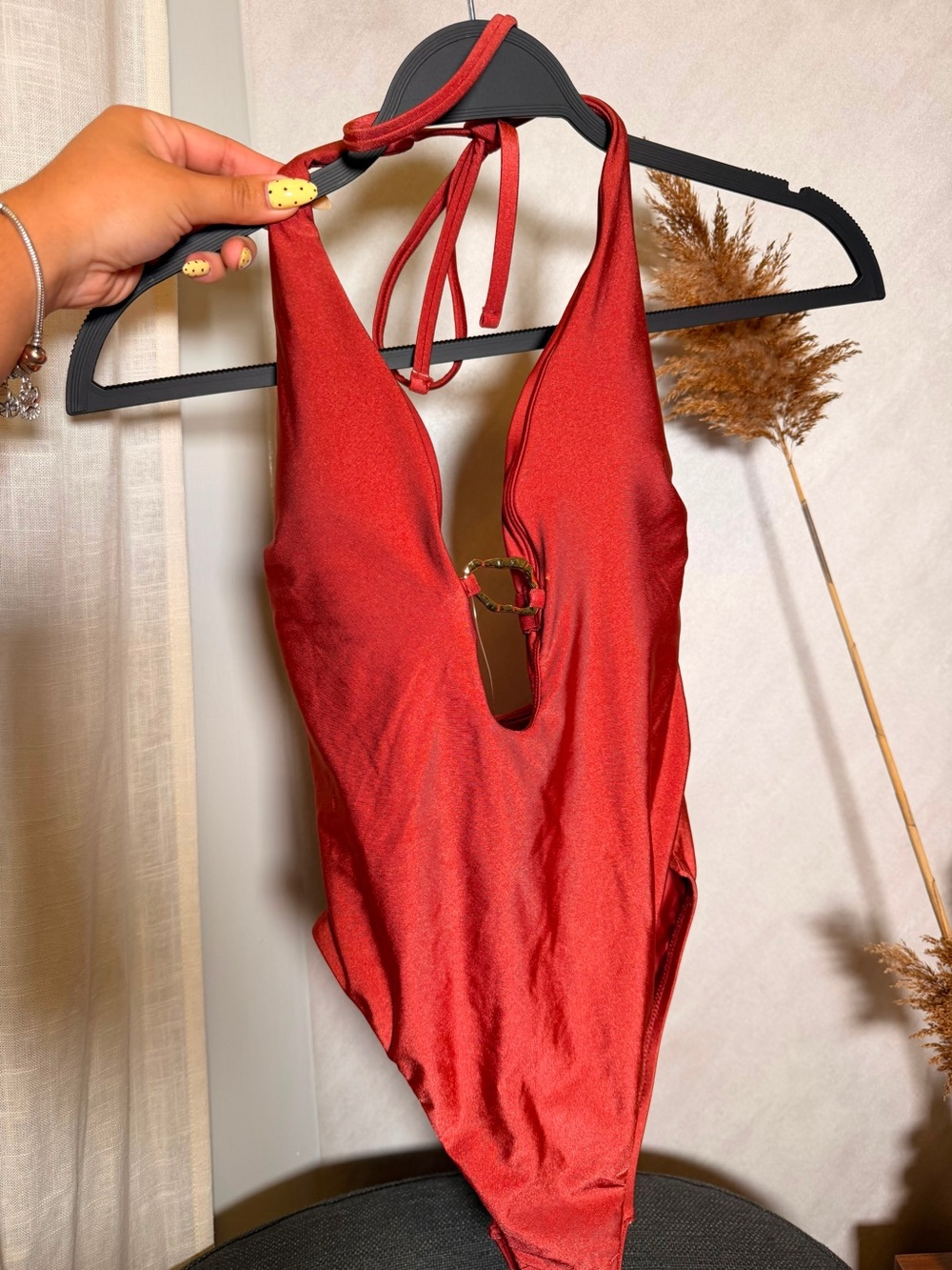 Plunging Halter One-Piece Swimsuit in Burnt Red